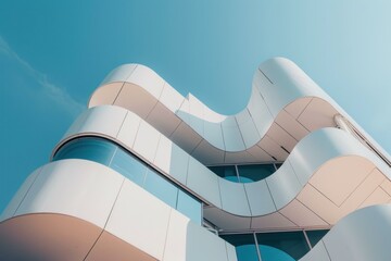 Poster - Low angle view of a contemporary office building with a unique curved facade reflecting the blue sky