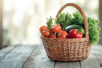 Aufkleber - A delightful wicker basket brimming with ripe tomatoes, crisp lettuce, and a fresh cucumber sits on a rustic wooden table. Generative AI