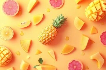 Aufkleber - brightly colored tropical fruits are sliced and artistically displayed, showcasing pineapples, mango