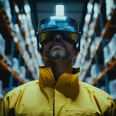 A man stands in an organized warehouse, wearing a virtual reality headset. His focused expression and yellow jacket highlight the blend of technology and industry in a modern setting.