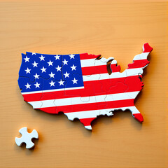 US crisis with the American flag in a jigsaw puzzle as pieces missing in a financial banking debt and loan guarantees with economic problems due to the mortgage and loans industries.