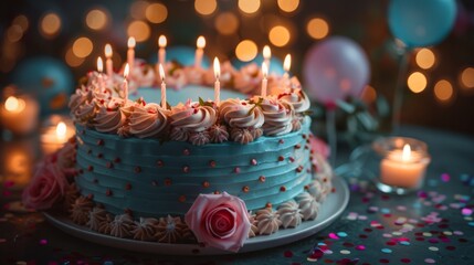 Happy birthday. A beautiful birthday cake with balloons and confetti on the table, candles burning around it, pink flowers on top of the blue cream-colored cake, elegant dinner setting, soft lighting