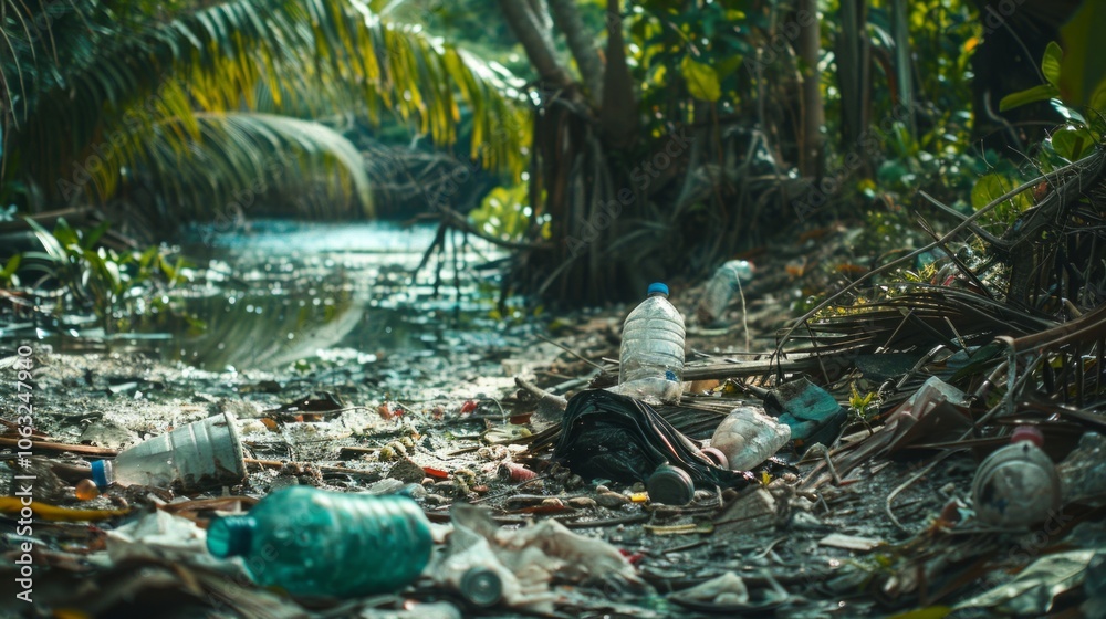 Image shows polluted water with litter like plastic bottles by tropical ...