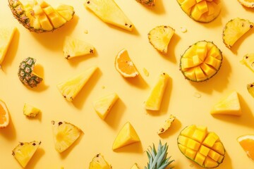 Poster - Exotic fruits including ripe mangoes, juicy pineapples, and fresh oranges are beautifully arranged on a sunny yellow backdrop. Generative AI