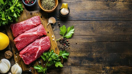 Ingredients for cooking. Raw beef entrecote with fresh parsley and spices on wooden surface