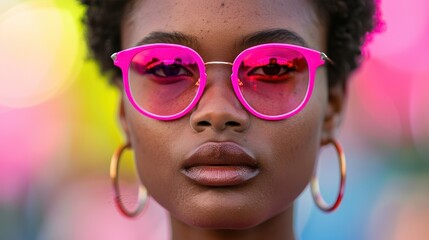 A young woman with stylish pink sunglasses and metallic hoop earrings poses confidently against a colorful background.