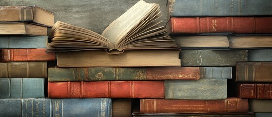 A stack of old books, with one book open on top, showing the pages.