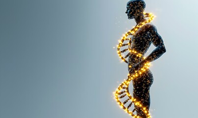 Poster - Human silhouette intertwined with vibrant DNA strands, symbolizing the connection between identity and genetics, reflecting life's complexity.