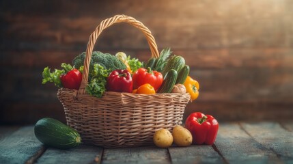 Aufkleber - A wicker basket brimming with vibrant vegetables and fruits rests on a rustic wooden table, illuminated by warm, natural lighting. Generative AI