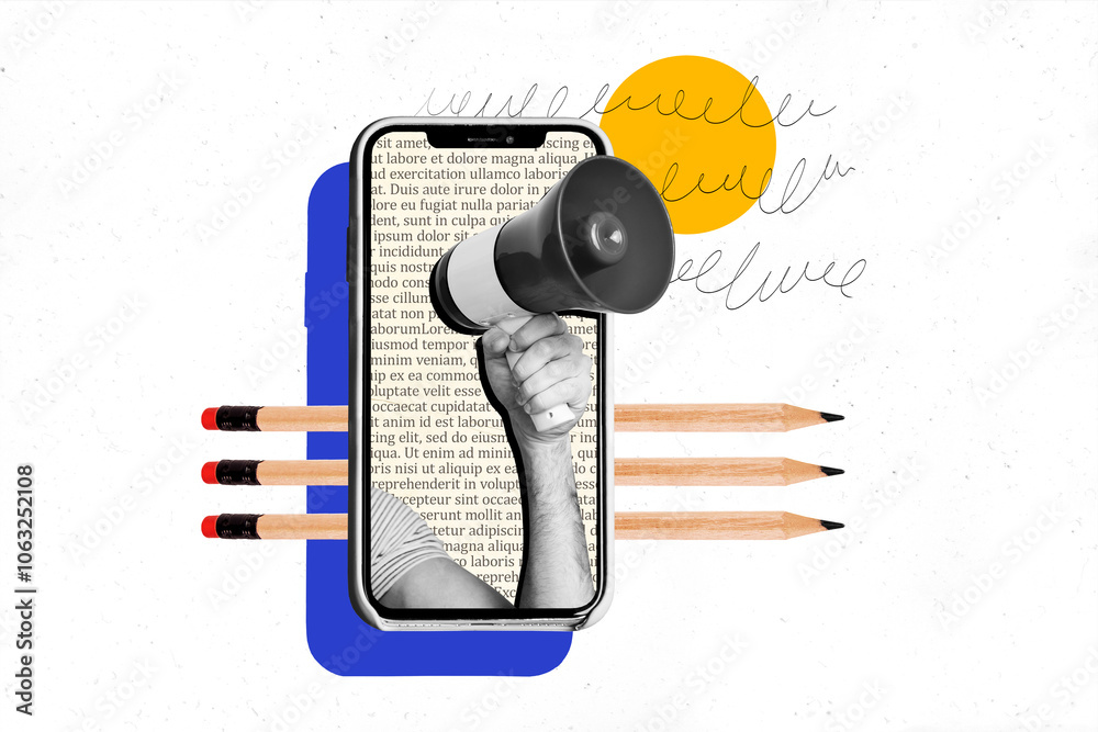 Picture collage poster of arm holding bullhorn announcing exclusive ...