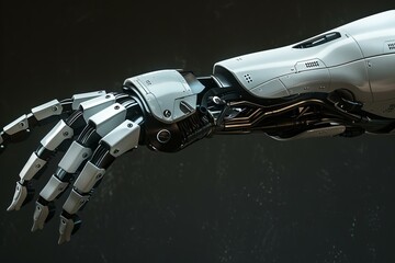 Poster - White robot hand with metallic fingers is reaching out against a dark background