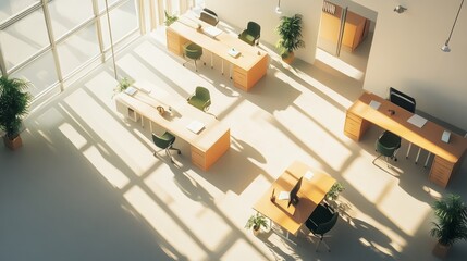 Poster - Aerial shot of a bright office with sleek furniture, organized desks, and simple decor creating a calm, creative environment.