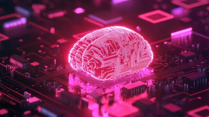 Leinwandbilder - Digital AI chip integral into abstract technology brain on dark red background. Circuit board tech bg. Low poly wireframe AI mind. Artificial Intelligence concept. Vector illustration with light neon