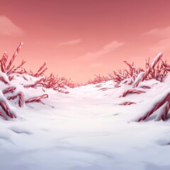 A snowy path lined with red candy canes leads to a pink sunset sky.