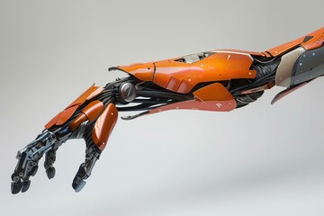 Poster - Orange robotic arm is reaching out, showcasing its intricate design and advanced technology