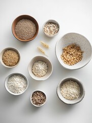 Poster - Various grains such as oats, rice, and corn are artfully arranged in stylish bowls against a pristine white background. Generative AI