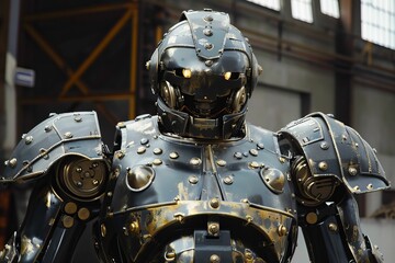 Poster - Imposing heavy metal robot standing guard in a factory setting, showcasing its intricate design and powerful presence