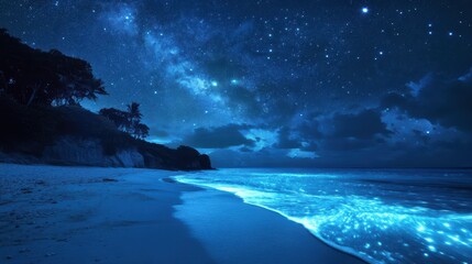 Wall Mural - mesmerizing night beach with starry sky and bioluminescent waves capturing tranquil serenity and nat