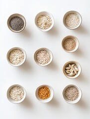 Poster - Various grains including oats, rice, and corn are beautifully displayed in stylish bowls against a clean white background. Generative AI