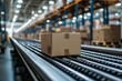 © Julia - A cardboard box on the conveyor belt in a warehouse, with a blurred background of rows of boxes and pallets in the distance