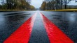 © GenZGraphics - Double red lines on a wet asphalt road indicate no stopping at any time often used as an alternative to yellow lines