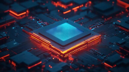 Poster - A close-up of a microchip on a circuit board with glowing elements, showcasing technology.