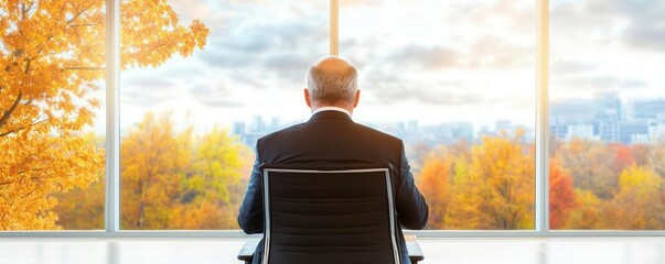 Business leader contemplates future trends amidst autumn landscape from office window