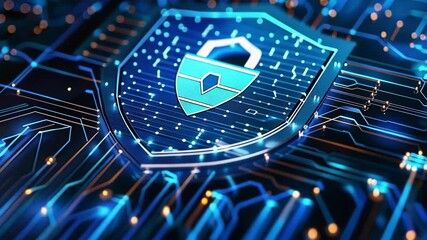 Poster - glowing blue shield with a padlock hovering over an electronic circuit board, symbolizing digital se