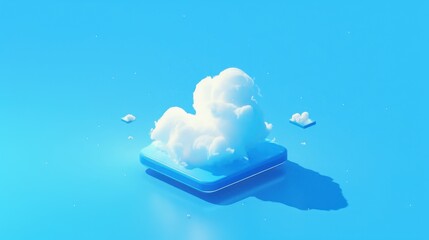 Poster - A fluffy white cloud emerging from a blue square against a bright blue background.