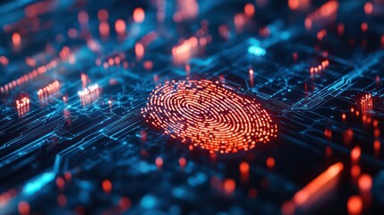 Poster - Concept Protect personal data banner. Security system with fingerprint on cyber technology neon background