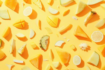 Poster - Sliced tropical fruits are displayed on a vivid yellow background, showcasing an array of pineapples, mangoes, and papayas. Generative AI
