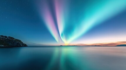 Poster - Aurora Borealis lights up the night sky over a tranquil, reflective ocean scene, AI