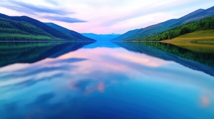 Poster - Serene lake reflecting colorful sky and mountains at dusk, AI