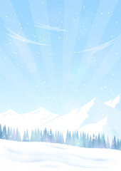 Wall Mural - Poster with winter landscapes. Snow-covered high mountains and forest. Snow drifts, frosty day. Vector image. 