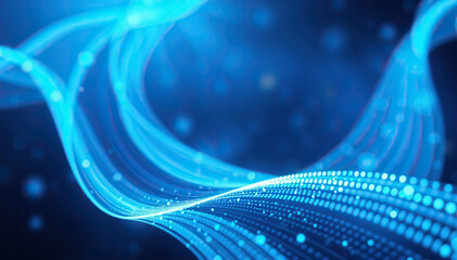 Poster - abstract blue flowing wave lines with tiny glowing particles futuristic digital effect technology background