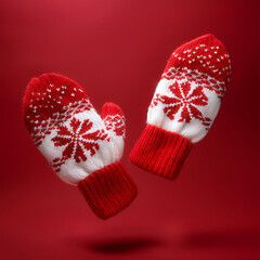 Pair of cozy knitted mittens in red and white, featuring a traditional snowflake pattern, perfect for winter warmth and festive Christmas wear floating or flying isolated on Clean Red