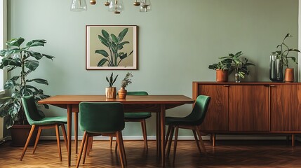 Elegant dining room with a wooden table green chair