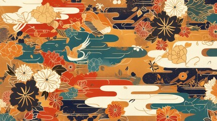 Vibrant floral and abstract pattern featuring colorful flowers and a serene bird in a harmonious blend of hues.