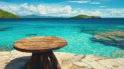 Wall Mural - Serene Coastal View with Wooden Table and Vibrant Water