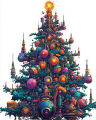 a colorful, futuristic christmas tree adorned with vibrant decorations and intricate metallic elemen