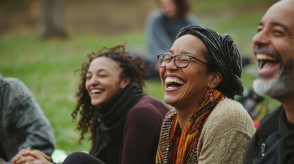 Genuine Laughter: Diverse group of friends laughing together at picnic, capturing joy of friendship