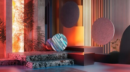 Aufkleber - Presented on a sleek podium stand with abstract geometric patterns, vibrant colors, low angles, intricate designs, detailed textures, modern aesthetics, dynamic shapes, and a modern ambiance
