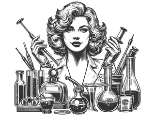 Scientist woman surrounded by lab equipment vintage scientific in engraving style sketch engraving generative ai fictional character raster illustration. Scratch board imitation. Black and white image