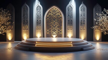 Aufkleber - A beautifully designed stage with intricate patterns and ambient lighting for events.