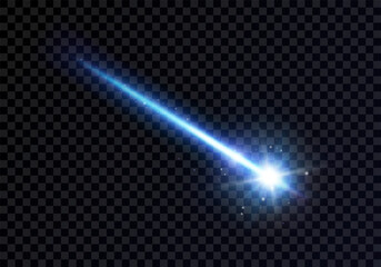 Light effect with a burning comet highlight, laser beam, meteor, shooting star. A realistic blue design element. An isolated neon ray on a dark background. Perfect for space designs. Vector.