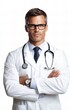 © Maxim - A confident male doctor in a white coat with arms crossed, wearing glasses and a stethoscope, exuding professionalism, expertise, and trust in the medical field