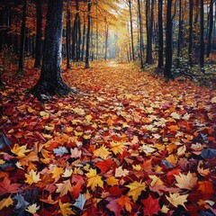 Wall Mural - Colorful autumn leaves scattered on a forest floor