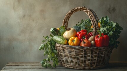 Aufkleber - Fresh vegetables and fruits fill a wicker basket, adding a vibrant touch to a rustic wooden table in a welcoming kitchen. Generative AI