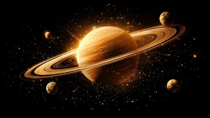 Poster - saturn planets in deep space with rings and moons surrounded. isolated on black background
