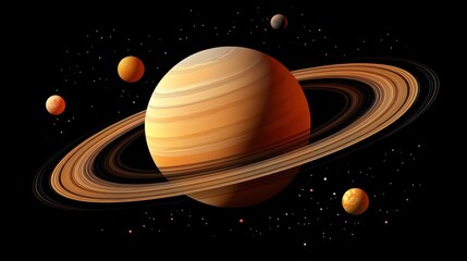 Poster - saturn planets in deep space with rings and moons surrounded. isolated on black background